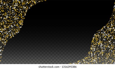 Gold Glitter Vector Texture on a Black. Golden Glow Pattern. Golden Christmas and New Year Snow. Golden Explosion of Confetti. Star Dust. Abstract Flicker Background with a Party Lights Design. 