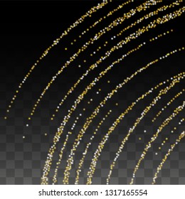 Gold Glitter Vector Texture on a Black. Golden Glow Pattern. Golden Christmas and New Year Snow. Golden Explosion of Confetti. Star Dust. Bright Flicker Background with a Disco Light Design. 