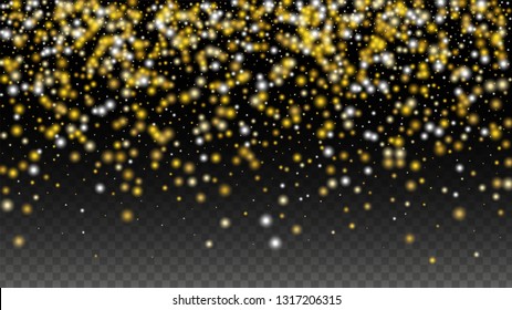 Gold Glitter Vector Texture on a Black. Golden Glow Pattern. Golden Christmas and New Year Snow. Golden Explosion of Confetti. Star Dust. Magic Particles Background with a Glow Light Design. 