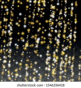 Gold Glitter Vector Texture on a Black. Golden Glow Pattern. Golden Christmas and New Year Snow. Golden Explosion of Confetti. Star Dust. Bokeh Abstract Twinkly Lights.