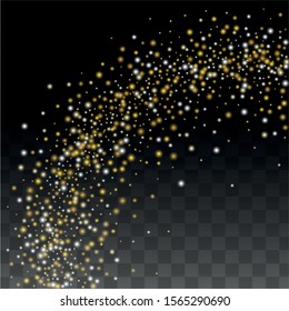 Gold Glitter Vector Texture on a Black. Golden Glow Pattern. Golden Christmas and New Year Snow. Golden Explosion of Confetti. Star Dust. Bright Flicker Background with a Disco Light Design. 