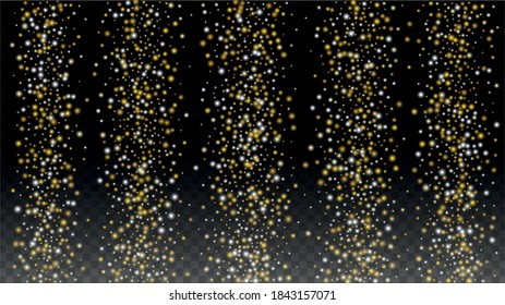 Gold Glitter Vector Texture on a Black. Golden Glow Pattern. Golden Christmas and New Year Snow. Golden Explosion of Confetti. Star Dust. Abstract Flicker Background with a Party Lights Design. 