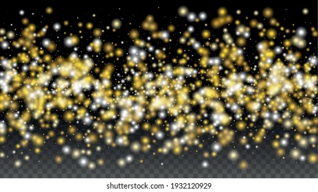 Gold Glitter Vector Texture on a Black. Golden Glow Pattern. Golden Christmas and New Year Snow. Golden Explosion of Confetti. Star Dust. Abstract Flicker Background with a Party Lights Design. 