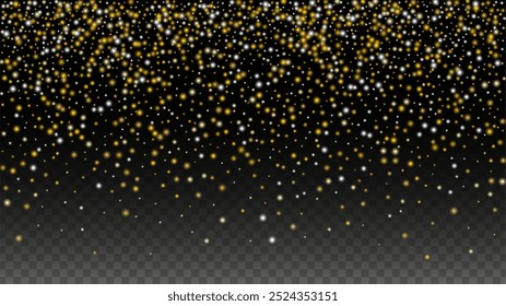 Gold Glitter Vector Texture on a Black. Golden Glow Pattern. Golden Christmas and New Year Snow. Golden Explosion of Confetti. Star Dust. Bokeh Abstract Twinkly Lights.