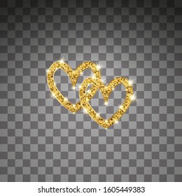 Gold glitter vector two hearts. Golden sparcle St. Valentines day card. Luxouy design element. Amber particles on transparent background.