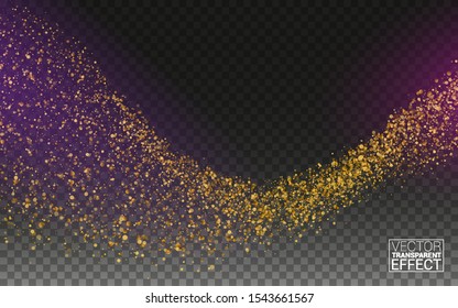 Fondo abstracto de la ola de brillo dorado. Magnífico rastro de polvo estrella brillantes partículas brillantes sobre fondo transparente. Fondo transparente de la ilustración del vector