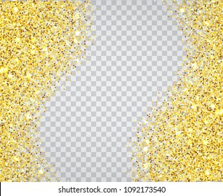 Gold glitter wave texture border over transparent checker background. Abstract golden sparkles of confetti. Vector backdrop illustration.