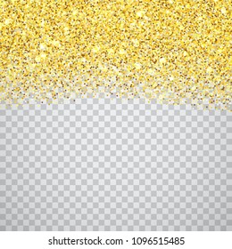 Gold glitter wave texture border over transparent checker background. Abstract golden sparkles of confetti. Vector square backdrop illustration.