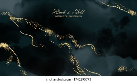 Gold glitter waves and swirls on luxury watercolor background