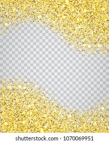 Gold glitter waves texture border over transparent checker background. Abstract golden sparkles of confetti. Vector backdrop illustration.