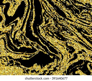Gold glitter wavy texture over black background. Abstract golden sparkles of confetti. Vector illustration.