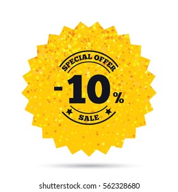 Gold glitter web button. 10 percent discount sign icon. Sale symbol. Special offer label. Rich glamour star design. Vector
