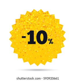 Gold glitter web button. 10 percent discount sign icon. Sale symbol. Special offer label. Rich glamour star design. Vector