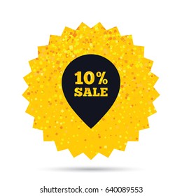Gold glitter web button. 10% sale pointer tag sign icon. Discount symbol. Special offer label. Rich glamour star design. Vector