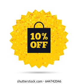 Gold glitter web button. 10% sale bag tag sign icon. Discount symbol. Special offer label. Rich glamour star design. Vector