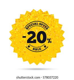 Gold glitter web button. 20 percent discount sign icon. Sale symbol. Special offer label. Rich glamour star design. Vector