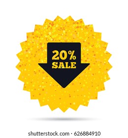 Gold glitter web button. 20% sale arrow tag sign icon. Discount symbol. Special offer label. Rich glamour star design. Vector