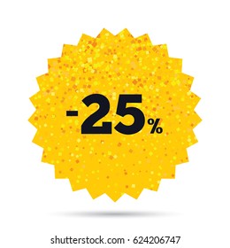 Gold glitter web button. 25 percent discount sign icon. Sale symbol. Special offer label. Rich glamour star design. Vector