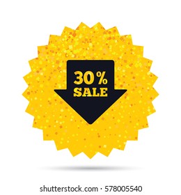 Gold glitter web button. 30% sale arrow tag sign icon. Discount symbol. Special offer label. Rich glamour star design. Vector
