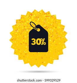 Gold glitter web button. 30% sale price tag sign icon. Discount symbol. Special offer label. Rich glamour star design. Vector