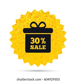 Gold glitter web button. 30% sale gift box tag sign icon. Discount symbol. Special offer label. Rich glamour star design. Vector