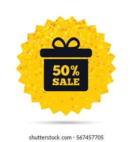 Gold glitter web button. 50% sale gift box tag sign icon. Discount symbol. Special offer label. Rich glamour star design. Vector