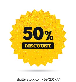 Gold glitter web button. 50 percent discount sign icon. Sale symbol. Special offer label. Rich glamour star design. Vector