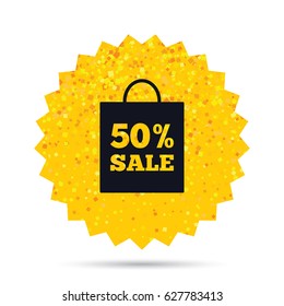 Gold glitter web button. 50% sale bag tag sign icon. Discount symbol. Special offer label. Rich glamour star design. Vector