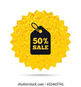 Gold glitter web button. 50% sale price tag sign icon. Discount symbol. Special offer label. Rich glamour star design. Vector