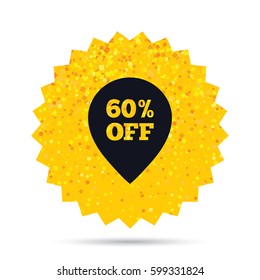 Gold glitter web button. 60% sale pointer tag sign icon. Discount symbol. Special offer label. Rich glamour star design. Vector