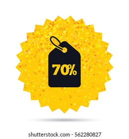 Gold glitter web button. 70% sale price tag sign icon. Discount symbol. Special offer label. Rich glamour star design. Vector