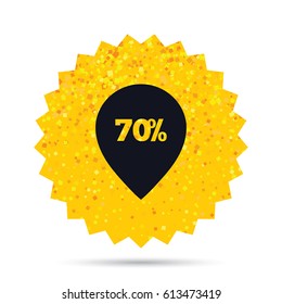 Gold glitter web button. 70% sale pointer tag sign icon. Discount symbol. Special offer label. Rich glamour star design. Vector
