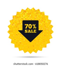 Gold glitter web button. 70% sale arrow tag sign icon. Discount symbol. Special offer label. Rich glamour star design. Vector