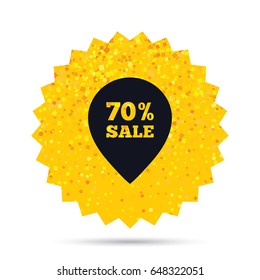 Gold glitter web button. 70% sale pointer tag sign icon. Discount symbol. Special offer label. Rich glamour star design. Vector