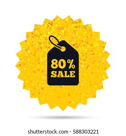 Gold glitter web button. 80% sale price tag sign icon. Discount symbol. Special offer label. Rich glamour star design. Vector