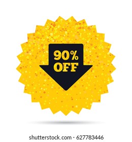 Gold glitter web button. 90% sale arrow tag sign icon. Discount symbol. Special offer label. Rich glamour star design. Vector