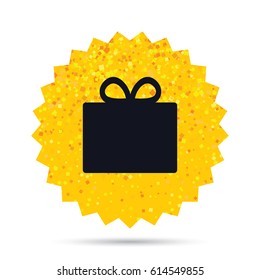 Gold glitter web button. Gift box sign icon. Present symbol. Rich glamour star design. Vector