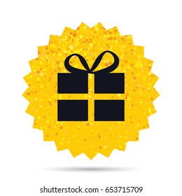 Gold glitter web button. Gift box sign icon. Present symbol. Rich glamour star design. Vector