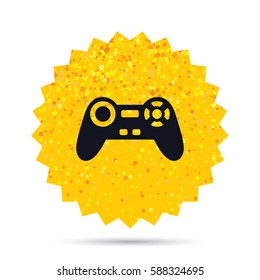 Gold glitter web button. Joystick sign icon. Video game symbol. Rich glamour star design. Vector