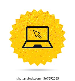 Gold glitter web button. Laptop sign icon. Notebook pc with cursor pointer symbol. Rich glamour star design. Vector