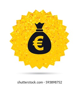 Gold glitter web button. Money bag sign icon. Euro EUR currency symbol. Rich glamour star design. Vector