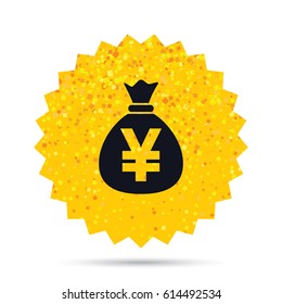 Gold glitter web button. Money bag sign icon. Yen JPY currency symbol. Rich glamour star design. Vector