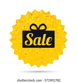 Gold glitter web button. Sale gift box sign icon. Special offer symbol. Rich glamour star design. Vector