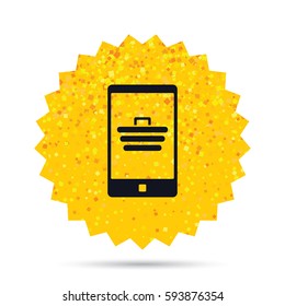 Gold glitter web button. Smartphone with shopping cart sign icon. Online buying symbol. Rich glamour star design. Vector