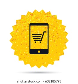 Gold glitter web button. Smartphone with shopping cart sign icon. Online buying symbol. Rich glamour star design. Vector