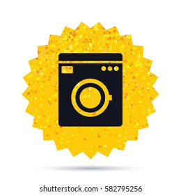 Gold glitter web button. Washing machine icon. Home appliances symbol. Rich glamour star design. Vector