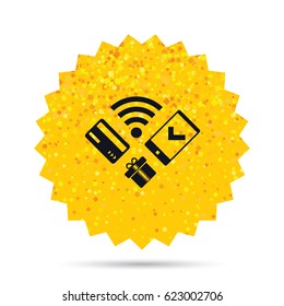 Gold glitter web button. Wireless mobile payments icon. Smartphone, credit card and gift symbol. Rich glamour star design. Vector