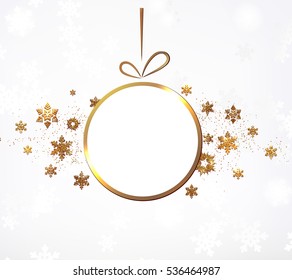 The gold glitter winter holiday border.  frame in shape of the christmas ornament for your text with modern snowflakes behind it. 