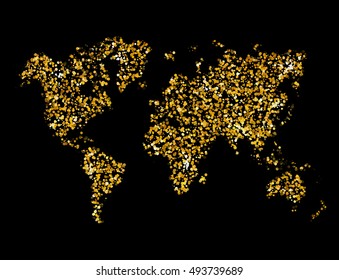 Gold Glitter World map - Geographical Map of Earth made of glittering dots