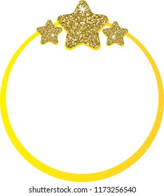 Gold  Glitter yellow Circle Frame. Banner with stars from Blue  sparkles, glitter and white paper sticker with space for text and shadow. Vector illustration. 